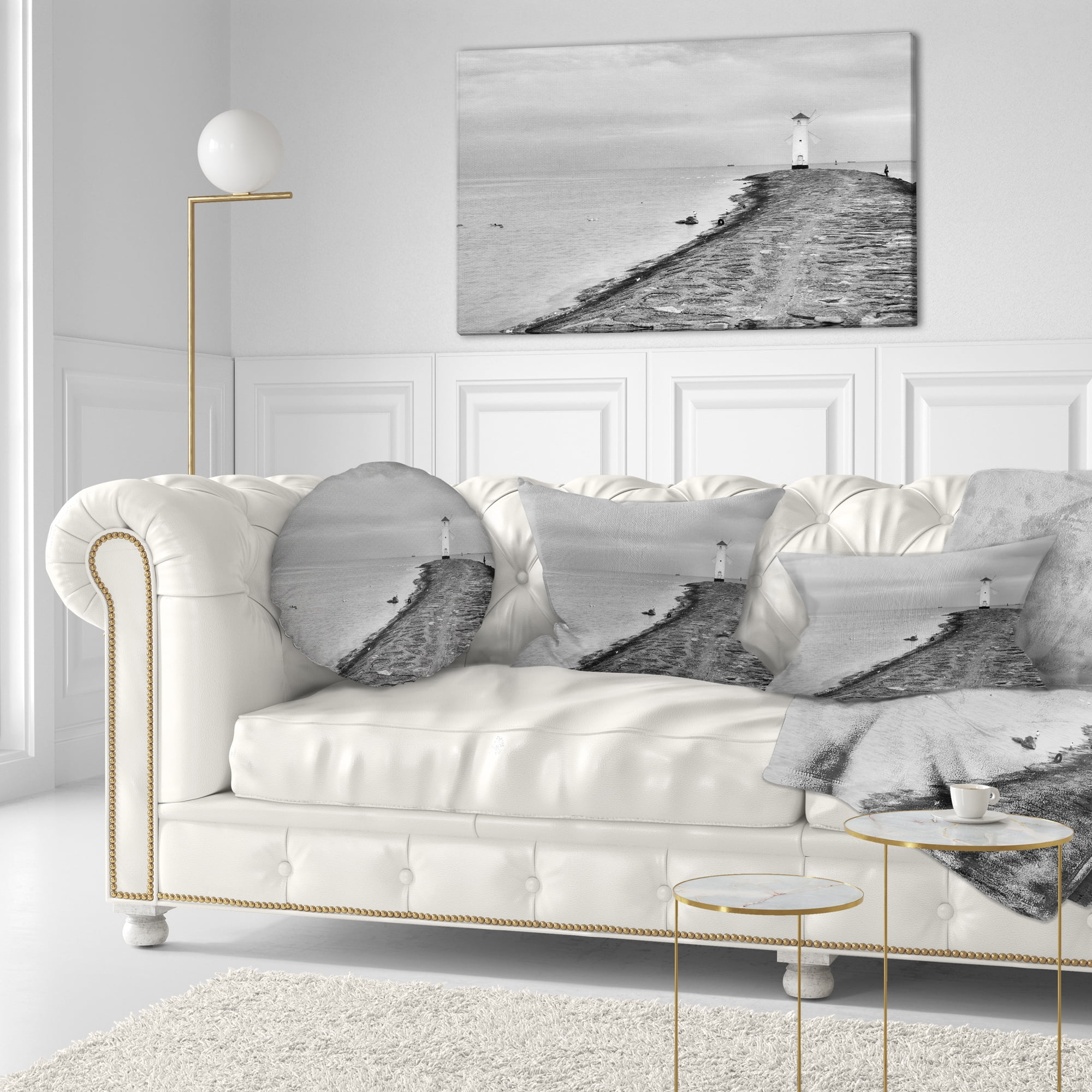 Designart Lighthouse Windmill Stawa Mlyny in Grey - Seascape Throw Pillow - 12x20