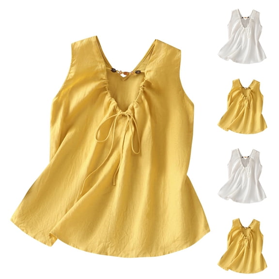 FRSASU Women's Summer Boho Linen Tank Tops Adjustable Tie Trendy V-Neck Loose Sleeveless Beach Vacation Shirts Yellow