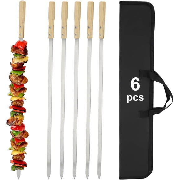 Brochettes SHIKORI pour Kebab, Brochettes de Barbecue BBQ, Bâtons en Acier Inoxydable, 23 Pouces Robustes Larges et Larges Réutilisables, avec Bois Antidérapant (23 Pouces-6 Pcs)