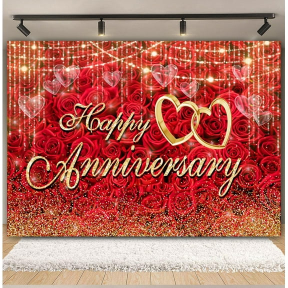 Happy Anniversary Backdrop Gold Balloon Glitter Love Heart Flower Birthday Party Bridal Shower Wedding Photography Background