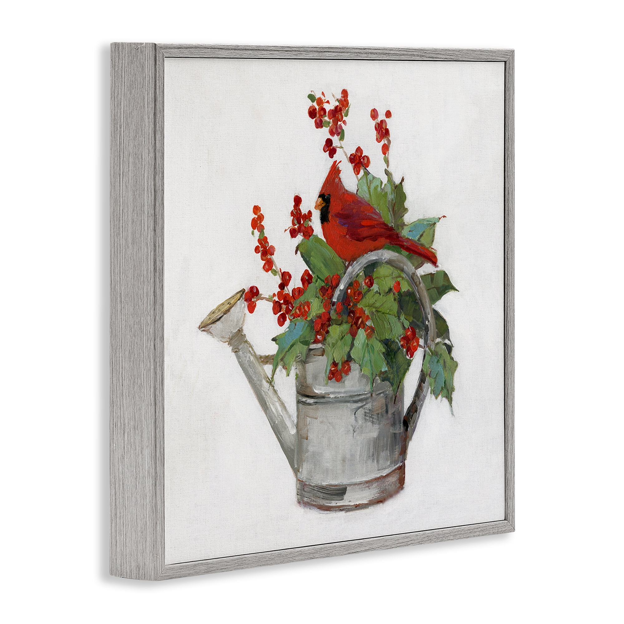 Stupell Industries Cardinal & Watering Can Holiday Painting Gray Framed Art Prints Wall Art, 12 x 12