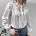 thumbnail image 4 of Shirts for Women V Neck Lace Patchwork Lantern Long Sleeve Solid Color Button Front Cardigan Blouse Fall Tops, 4 of 7