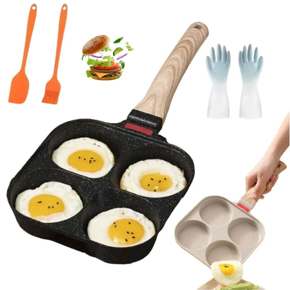 Non-stick Egg Frying Pan, 4 Holes Skillet With Handle, Multifunctional, Wooden Handle Medical Stone Omelet Non-stick Cookware frying pan, Mini Muffin Pancake Cooker,for Gas and Induction Cooktops (B)