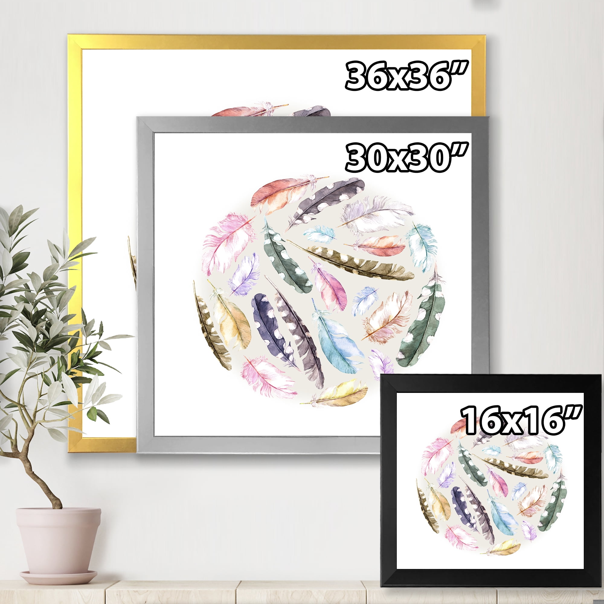 Designart 'Ancient Bird Feathers In Circle' Traditional Framed Art Print