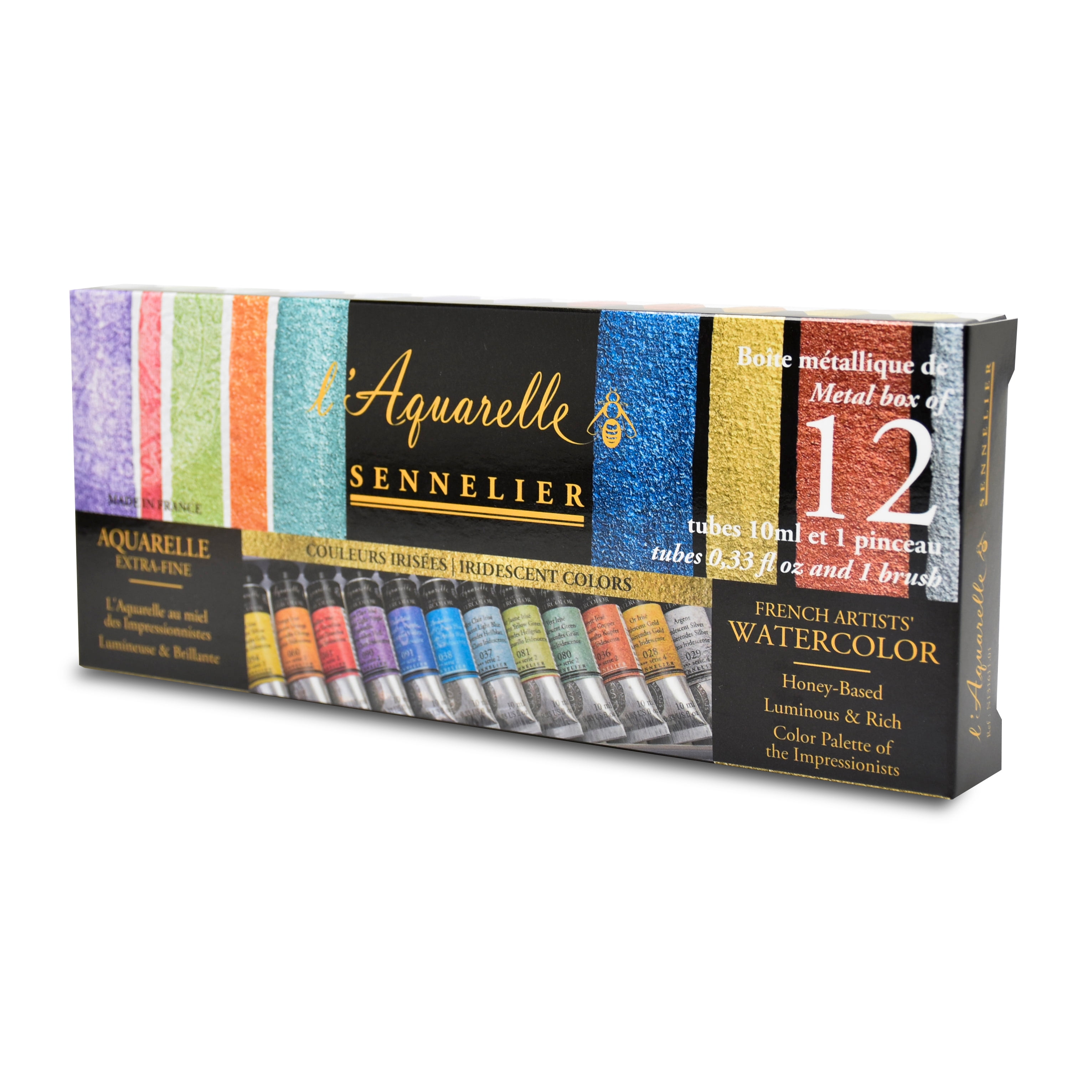 Sennelier French Artists' Watercolor Set - Set of 12, Metal Case, Iridescent, 10 ml
