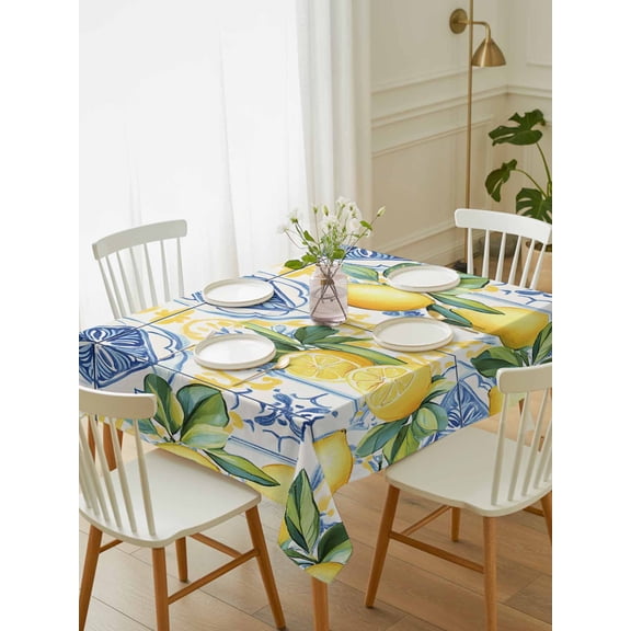 Botanical Lemon Tablecloth Rectangle Table Cloth 52x70, Waterproof Tablecloth Outdoor Table Cloth, Spring Countryside Floral Blue Tile Washable Table Cover for Kitchen Dinning Party