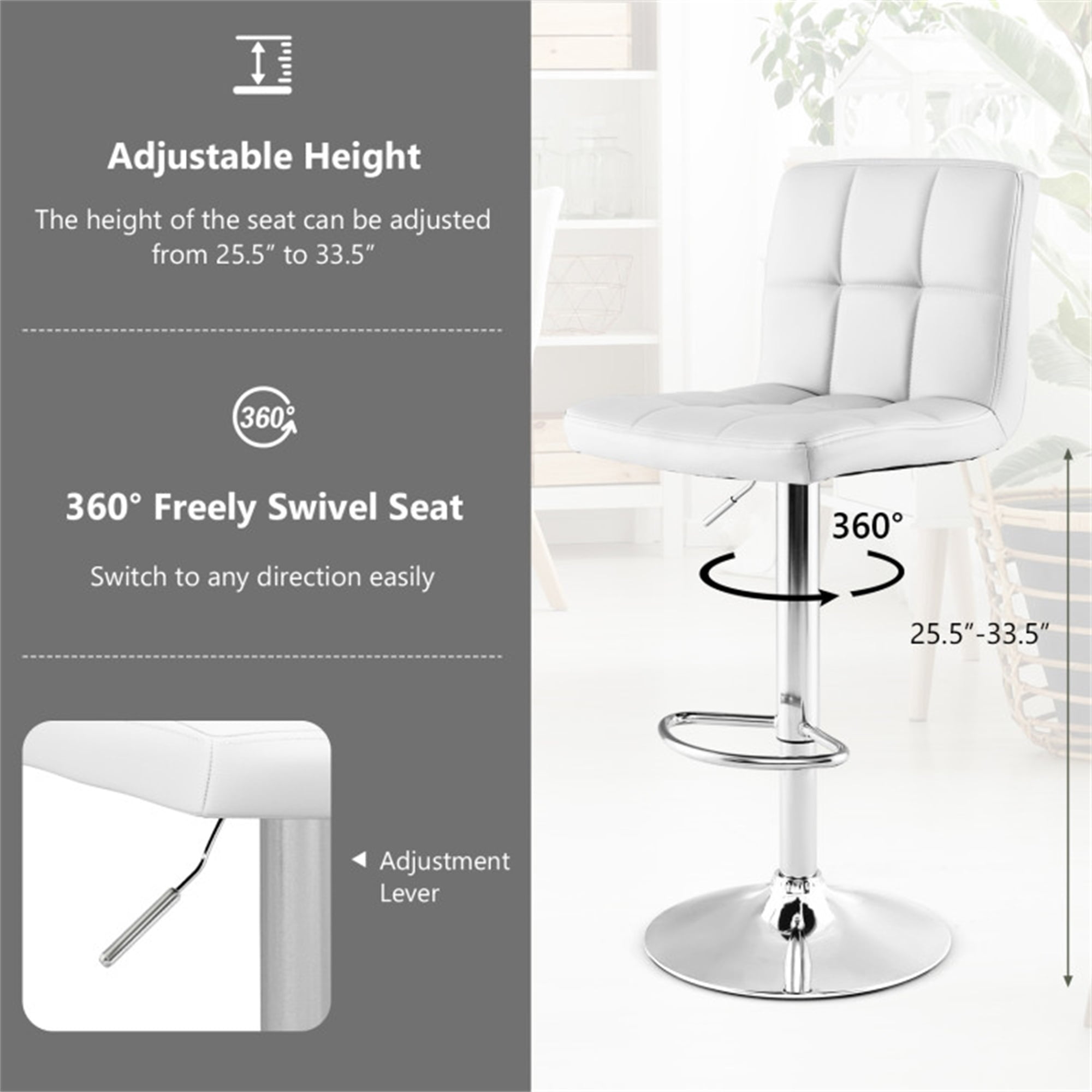 Demi Bonn Armless PU Leather Bar Stool with Adjustable Height and Swivel Seat, Modern Dining Chair with Backrests, White