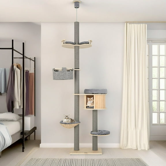 Pefilos Floor to Ceiling Cat Tree Ajustable Height 100"-110", 6 Tiers Tower with Cat Condo Hammock and Sisal Covered Post for Indoor Cats, Gray