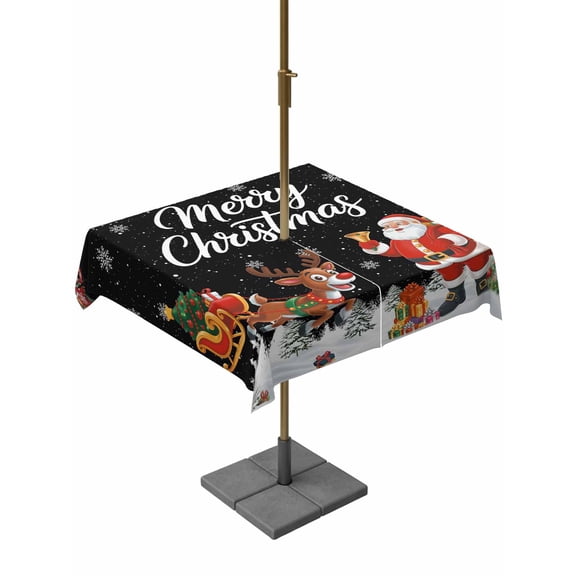 Outdoor Tablecloth with Umbrella Hole and Zipper, Black Christmas Square Table Cloth 54x54 Inch Waterproof Tablecloth, Santa Elk Gifts Snowflake Winter Xmas Tree Picnic Table Cover for Patio Camping