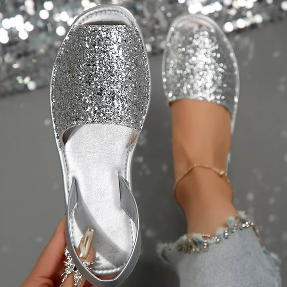 YOUSNH Sequined Flat Fish Mouth Sandals Women's Large Size Open Toe Soft Sole Casual Sandals Summer Sandals for Women 2024 Silver 6.5(37)
