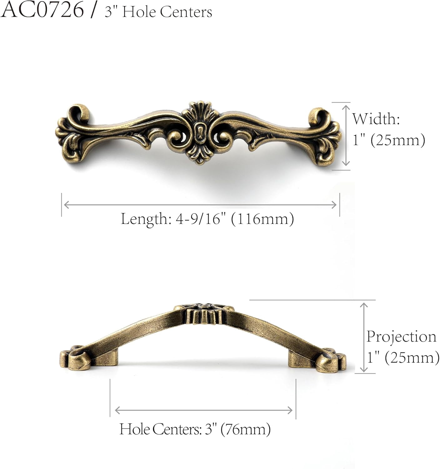 Traditional Antique Cabinet Hardware - 6 Pack, Antique Brass, 3" Hole Centers, Vintage Pulls for Drawer Dresser Nightstand, AC0726AB076