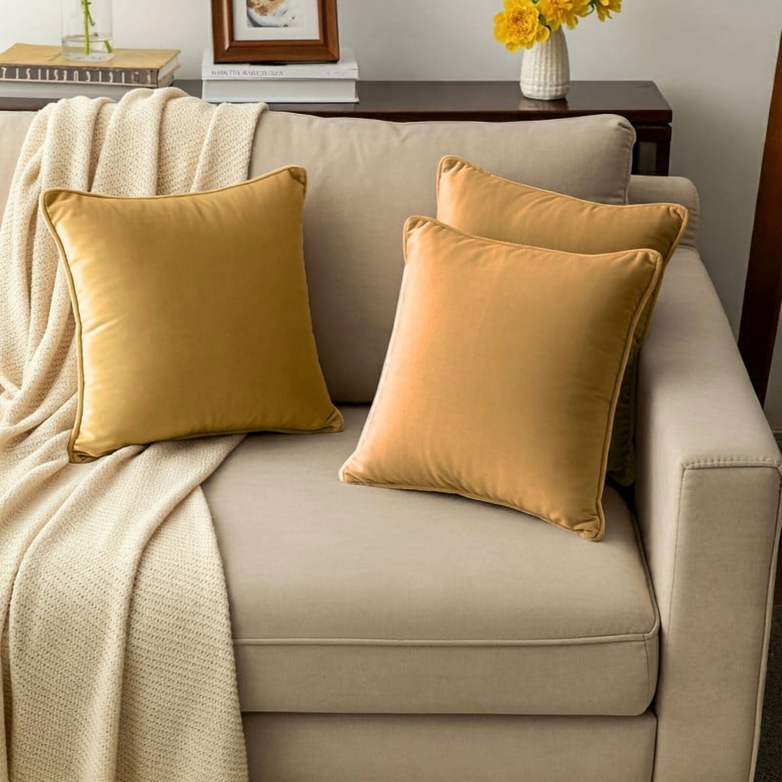 A1HC Set of 2 Luxurious Soft Velvet Throw Pillow Covers Only, 22"x22", Mustard Yellow, Decorative Cushion Covers with Hidden YKK Zipper for Sofa or Bed