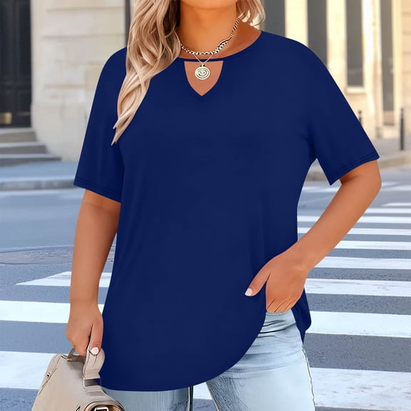 Sevevn Women's V-neck Center Hollow Fashionable Solid Color Plus Size Short Sleeved T-Shirt Blue XXXL
