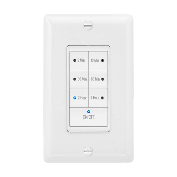 1875 Watt 7 Button Countdown Timer Switch, Maximum 4 Hour Delay, 1/2 HP Perfect for Bathroom Exhaust Fans, Indoor Automated Lighting, Featuring LED Indicator Lights, Wall Plate Included