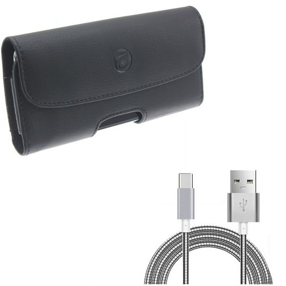 Black PU Leather Case Side Cover Protective Pouch w Durable Metal Braided Type-C USB Cable Charger Power Sync Wire USB-C Data Cord [Silver] Q2V for Samsung Galaxy S10 Plus A50