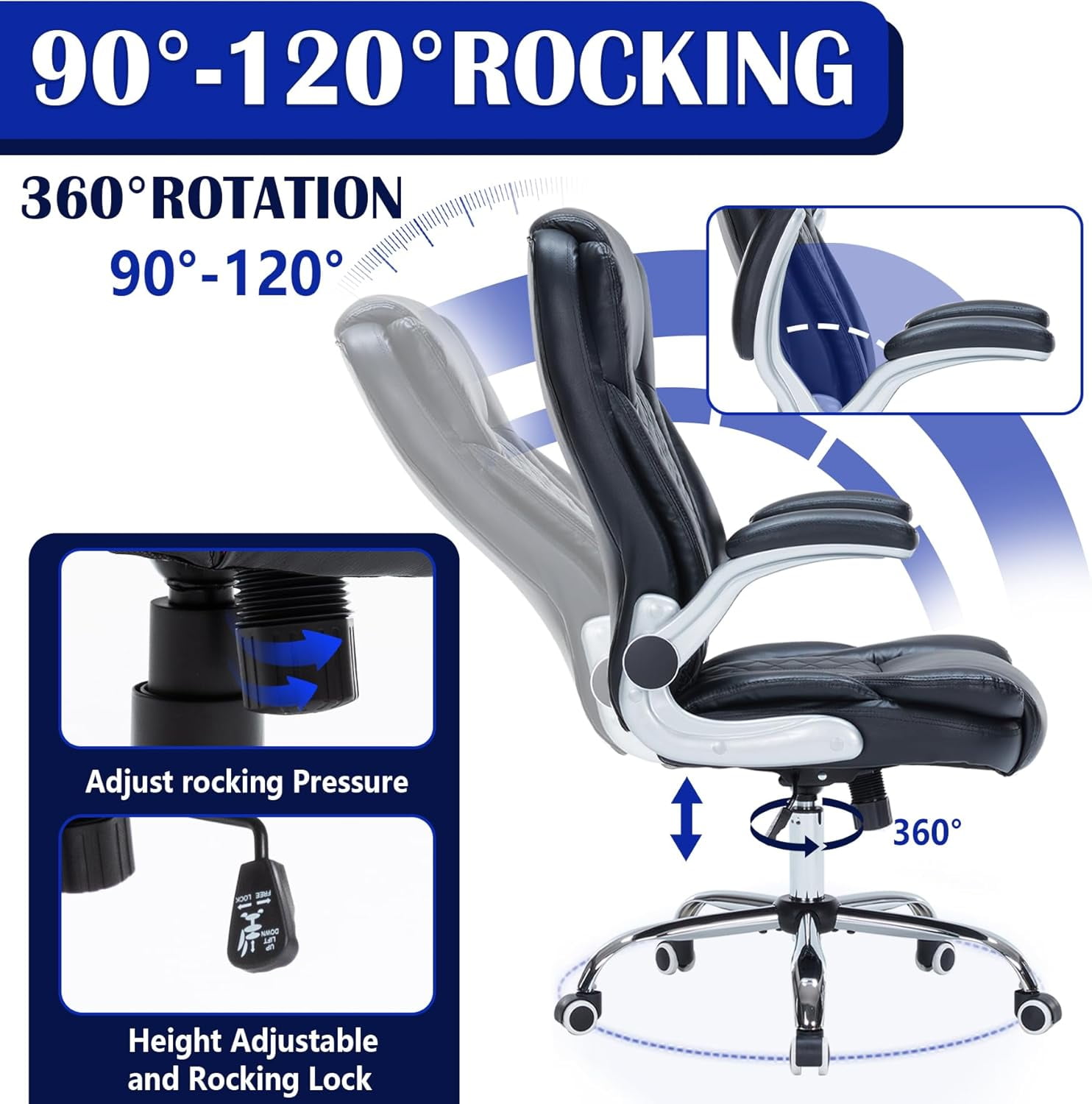 HESL Office Chair with Flip-Up Arms, Big and tall Office Chair with Rocking Mode, Desk Chair, Black