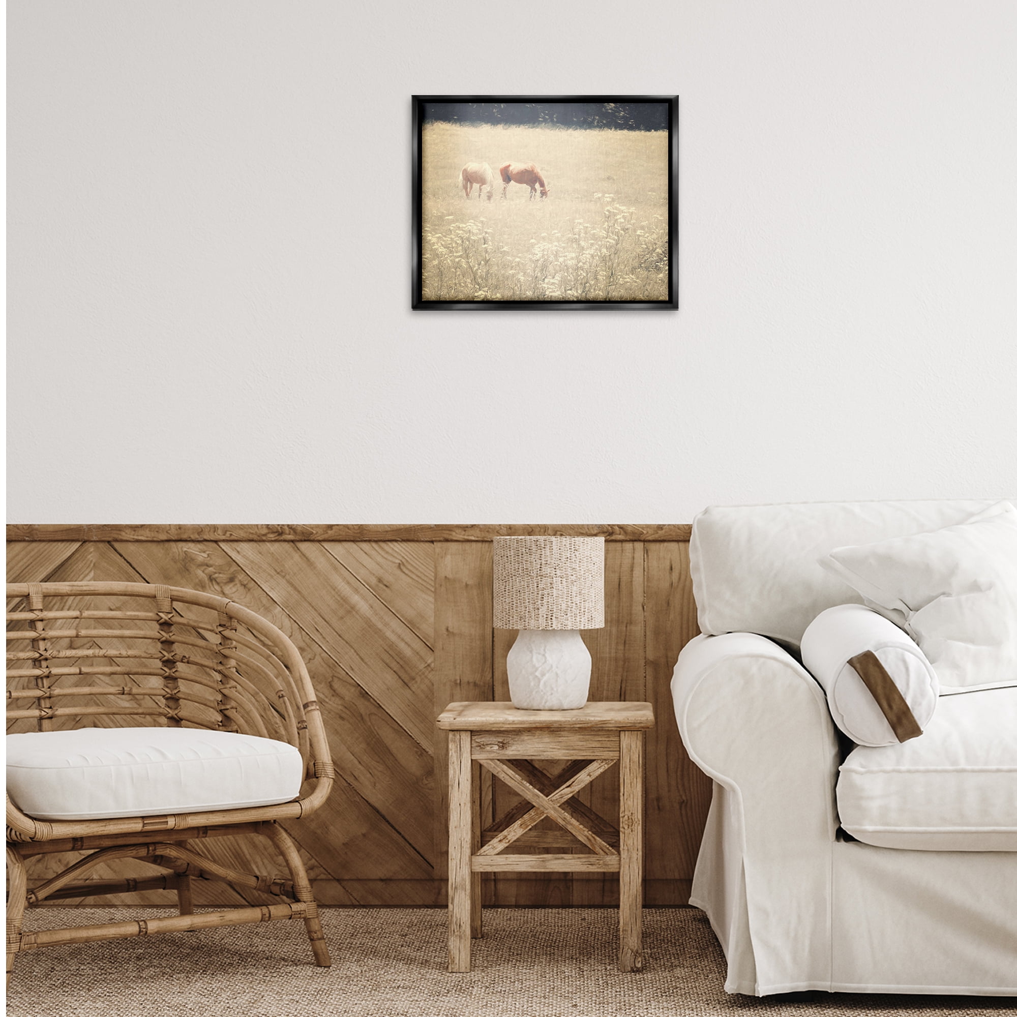 Stupell Industries Pair of Horses Grazing Landscape & Nature Photography Black Floater Framed Canvas Art Print Wall Art, 21 x 17
