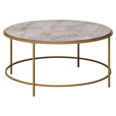 Pemberly Row Round Coffee Table with Metal Frame in Gold Satin/Deco Stone