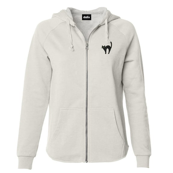 Dalix Black Cat Embroidered Fleece Zip Washed Hoodie Cold Fall Winter Women in Bone 2XL XX-Large