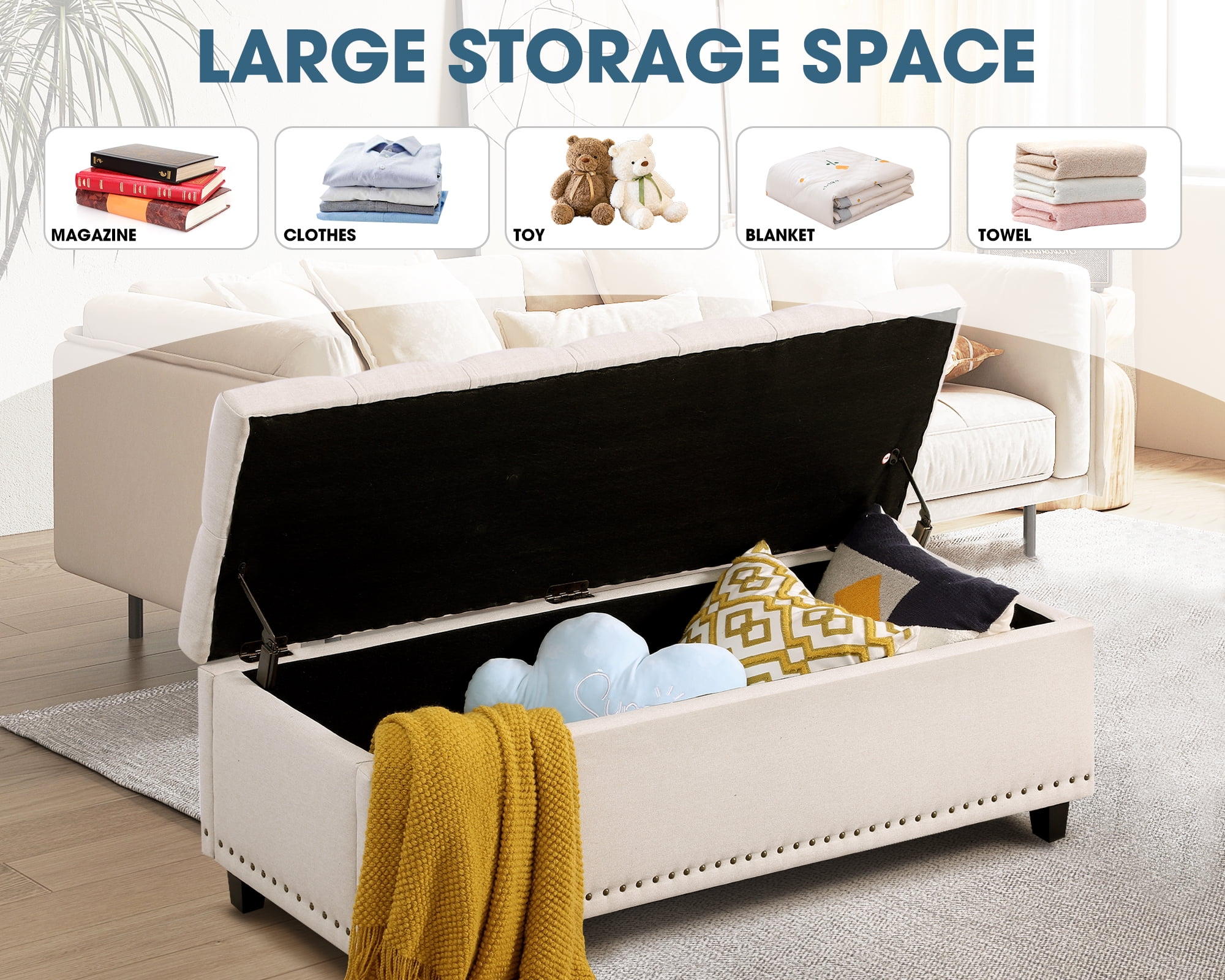 Haverchair 51" Ottoman Storage Benches, 30 Gallons End of Bed Storage Bench, Large Rectangular Storage Ottoman, Button-Tufted Ottoman with Storage for Living Room Bedroom, Foot of Bed (Beige)