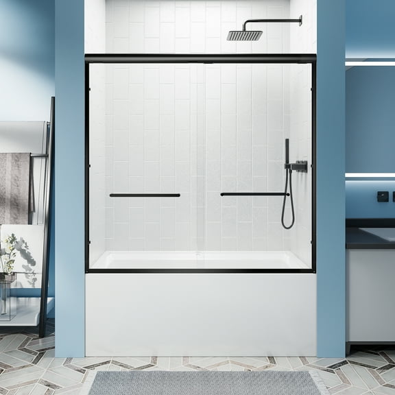 60" W x 57" H Double Sliding Bathtub Door, 1/4" Tempered Glass, Aluminum Frame, Stainless Steel Handles, Matte Black Finish