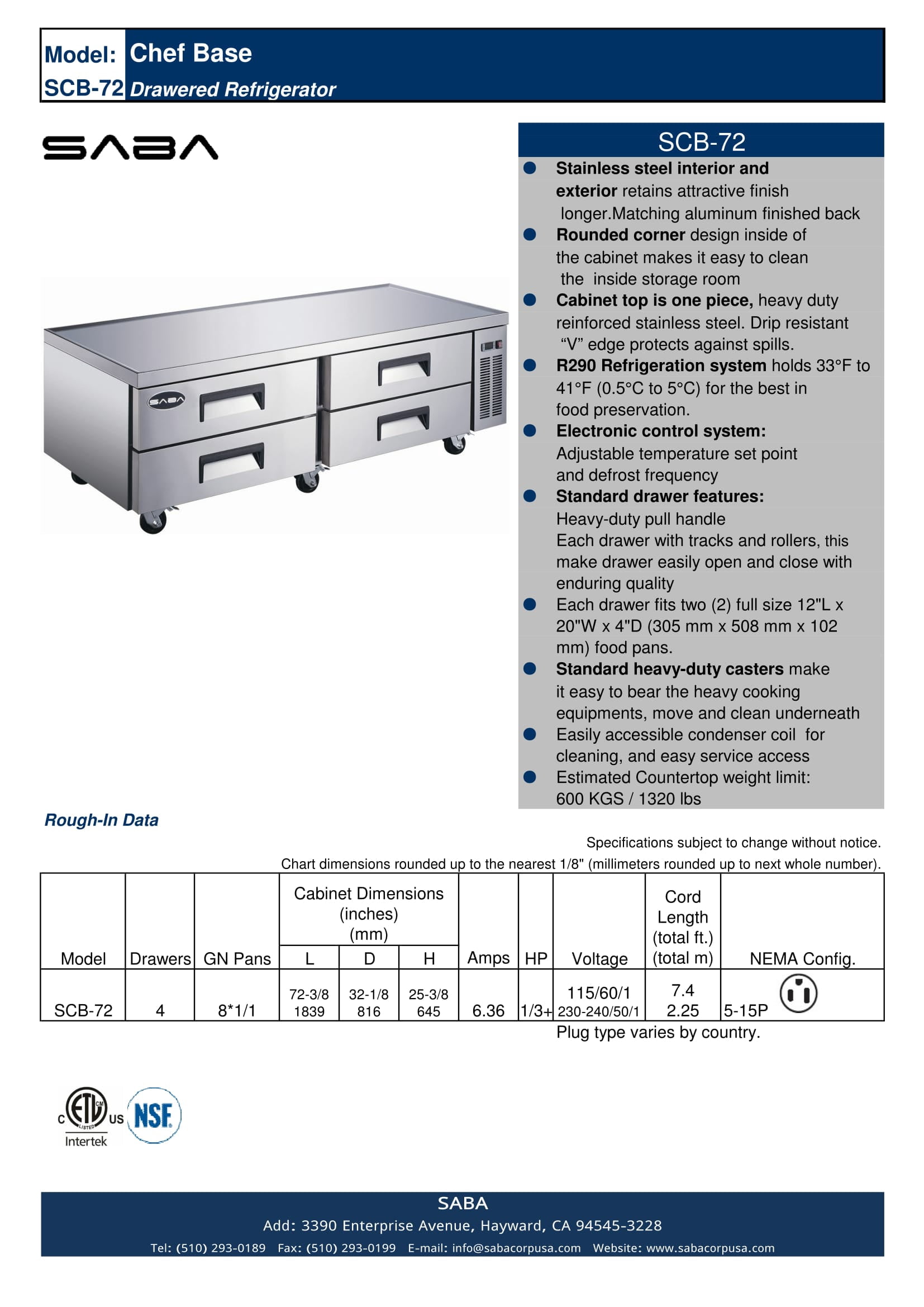 Heavy Duty Commercial 72" Chef Base 4 Drawer Refrigerator