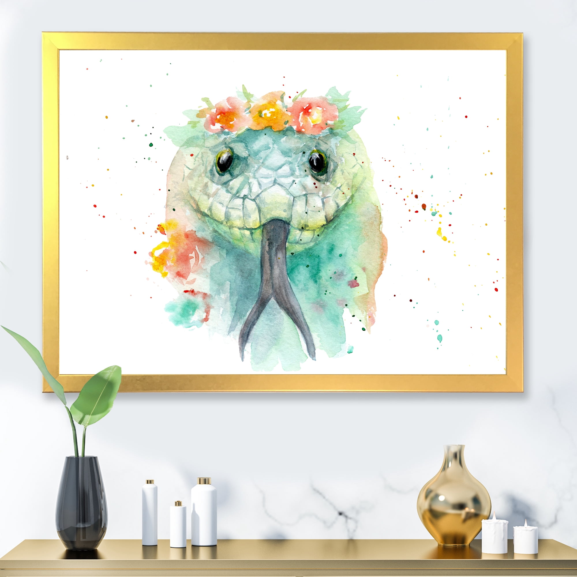Designart 'Portrait A Green Snake In Flowers' Farmhouse Framed Art Print