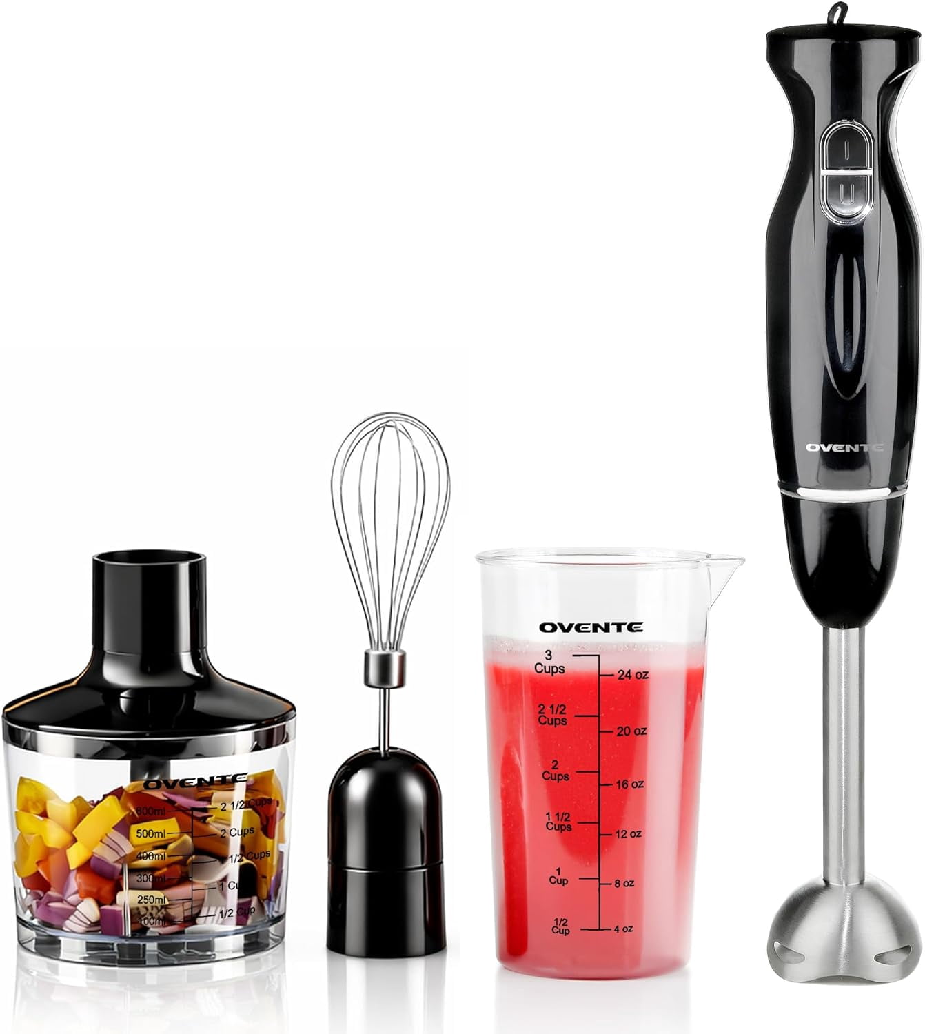 OVENTE Immersion Electric Hand Blender 300 Watt Power 2 Mix Speed with Stainless Steel Blades, Handheld Stick Mixer Set with Egg Whisk Attachment Mixing Beaker and BPA-Free Food Chopper, Black HS565B