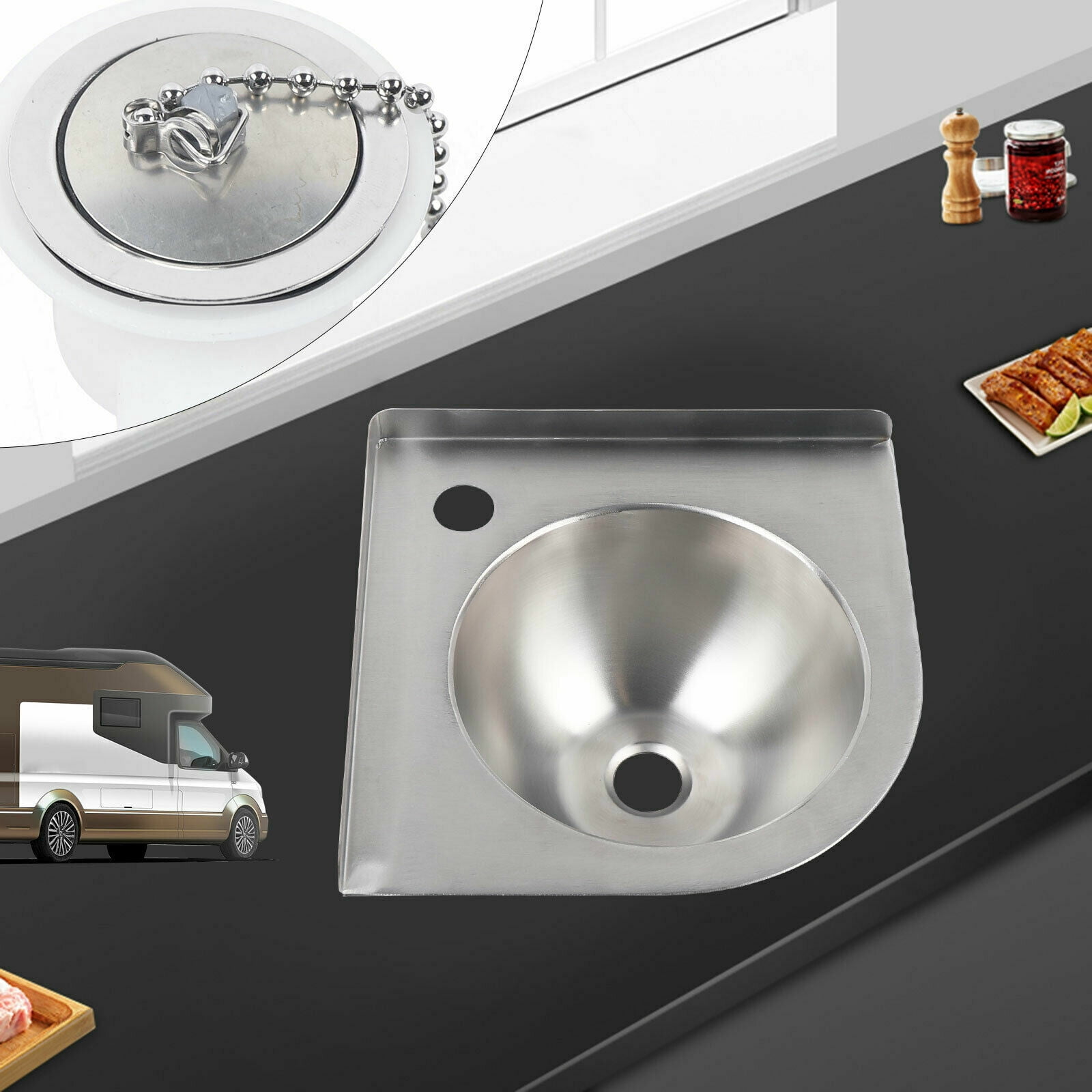 Bathroom RV Corner Basin Sinks, Boat Caravan RV Triangular Stainless Steel Sink with Down Pipe for RV Caravan Camper Boating Kitchen Washing Sink