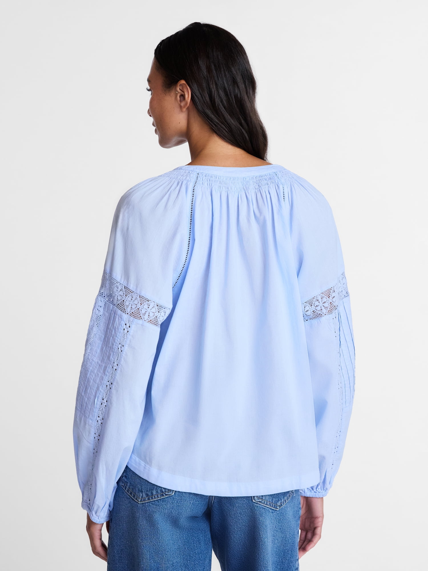 Time and Tru Women's Lace Insert Popover Full Sleeve Top, Sizes XS - XXXL