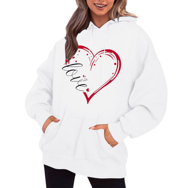 WEAIXIMIUNG Sweatshirts pour Femmes avec Poches Manches Longues Col Rond Poche Imprimé Cœur Saint-Valentin