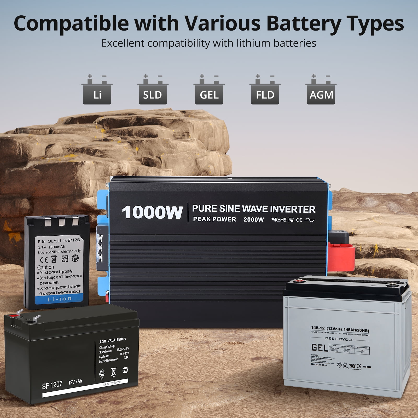 Pure sine wave inverter 12V-120V 2500W LED display 1 5V/3.4A USB 4 AC outlets 1 AC terminal block Wired remote control with screen