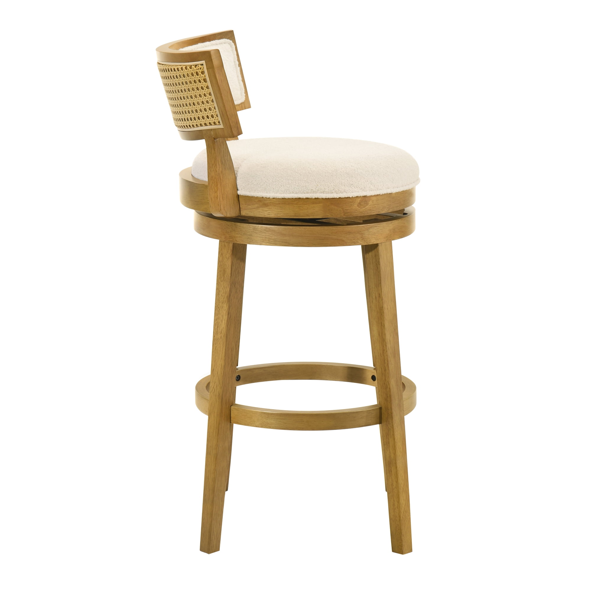 Noely Modern Farmhouse Swivel Wood Bar Height Kitchen Bar Stool in Amber Glow Finish with White Boucle Fabric Upholstered Seat - Set of 2