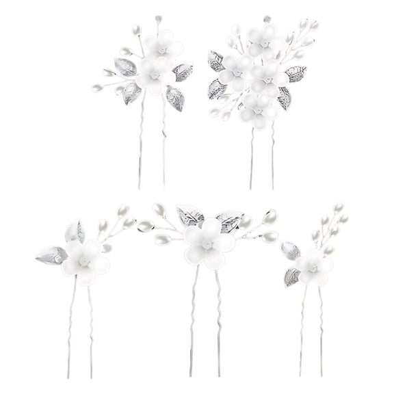5 Pcs Wedding Hair Pins Bridal Hair Accessories with White Flower Pearl Rhinestone, Handmade Acrylic Flower Hair Clips for Brides Bridesmaids Wedding Hair Pieces