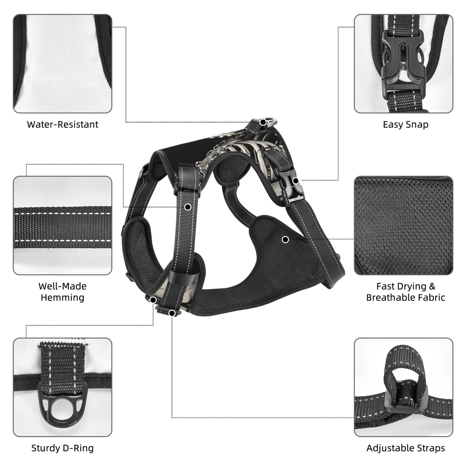 Vsdgher Skeletons Love Flowers Dog Harness, No-Pull Pet Harness, Dog Vest, Pet Vest for Small to Large Dogs-X-Large