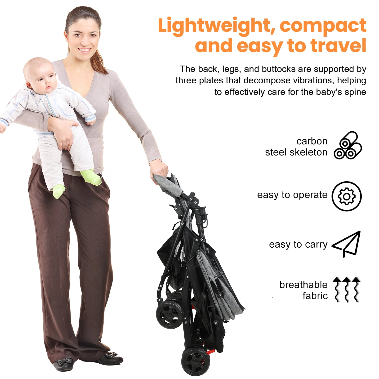Tereitr Travel Baby Stroller, One-Hand Folding Infant Pushchair with Adjustable Backrest, Canopy, Storage Basket, Up to 10kg