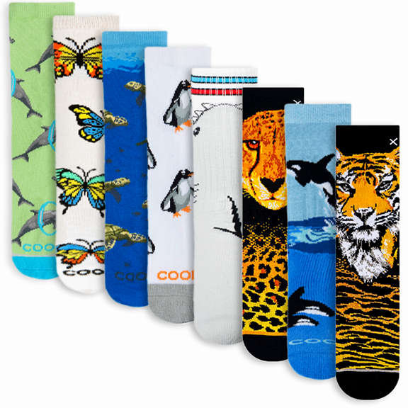 Cool Sock – Animal 8-Pack Crew Socks for Big Kids – Soft Cotton, Cozy & Comfortable, Fun Cat Prints,