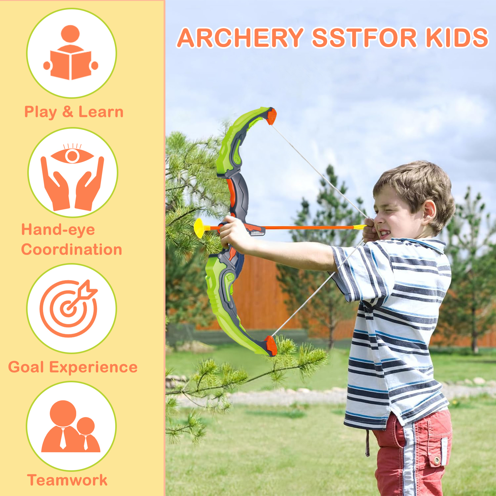 LINXUXIE Kids Bow and Arrow Set with LED Flash Lights, Archery Set with Standing Target,Indoor Outdoor Sport Gift for Boys and Girls Ages 3-12