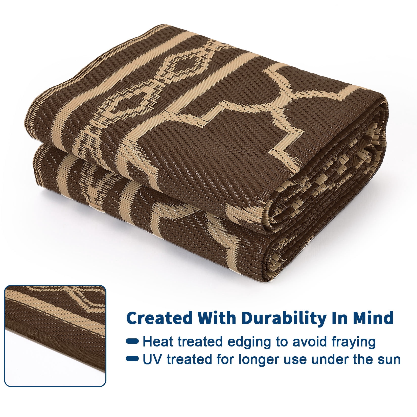 HIWEAVER 10' x 20' Brown Outdoor Rug PP Plastic Straw Woven Waterproof Patio Rug with Border Portable Outside Carpet for Balcony Deck Picnic Garden Decor