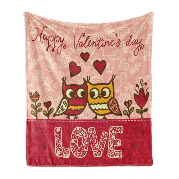 Valentines Day Soft Flannel Fleece Throw Blanket, Owls in Love Print Partners Couples Boho Style Hearts Flowers Dots, Cozy Plush for Indoor and Outdoor Use, 50" x 70", Pink Red Yellow, by Ambesonne