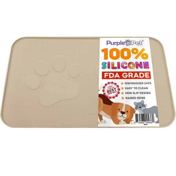 iPrimio Extra Large Pet Feeding Bowl Mat with Logo - Food Grade Silicone - Hygienic and Safe for Allergic Dogs and Cats - Prevent Pet Water Food Spills - Non Slip (Taupe 22" by 14")