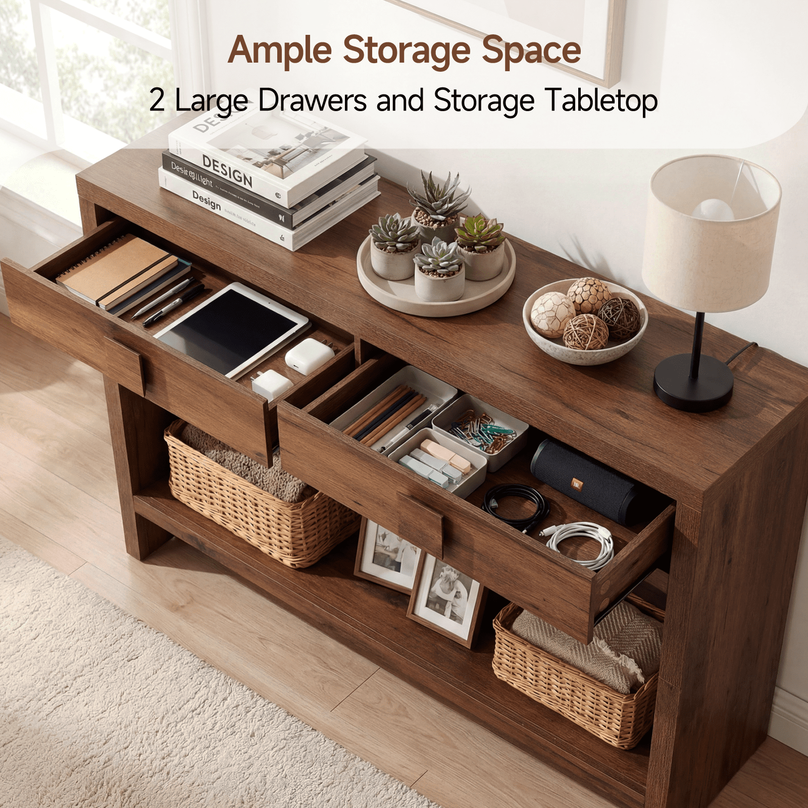 ROGALIS Console Table with Drawers, 40 Inch Narrow Entryway Table with Open Storage Shelves for Living Room