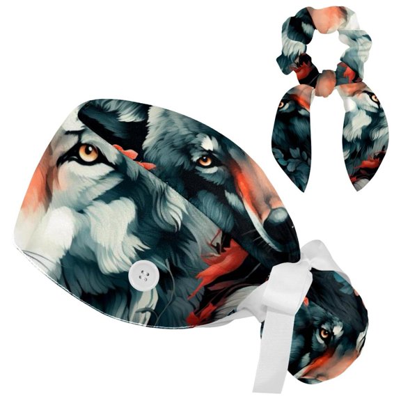 Wolf Adjustable Working Cap with Buttons/ Bow Hair Scrunchy with Sweatband Washable for Woman