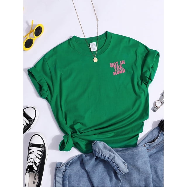 Pas dans l'Humeur T-Shirt Imprimé Mode Décontracté Chemise Douce Rue Manches Courtes Tee Top Design Niche T-Shirt Femme Vert TG
