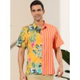 thumbnail image 2 of Unique Bargains Men's Floral Stripes Patchwork Button Down Summer Printed Shirts Yellow Green XXL, 2 of 6