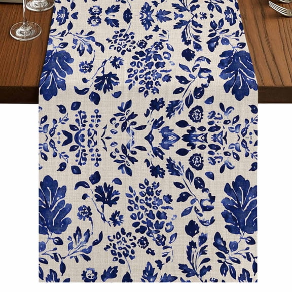 Blue Spring Floral 60 Inch Table Runner, Summer Flowers Farmhouse Rustic Farmhouse Dresser Scarf Cotton & Linen Tablerunner for Dining/Kitchen Island/Holiday Party Décor 13" x 60"
