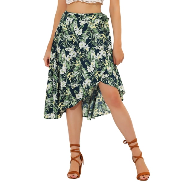 Falda Cruzada A Media Pierna Floral Hawaiana Tropical Para Mujer Allegra K Azul gris oscuro L