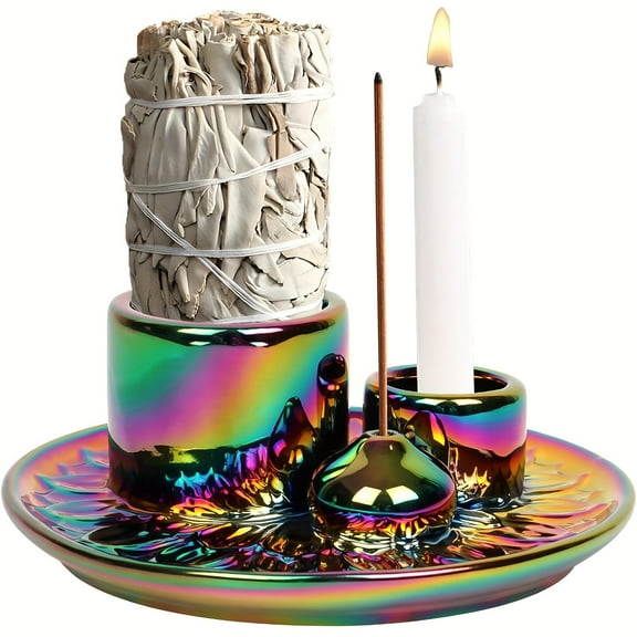 1pc Artistic Ceramic Candle Holder & 4-in-1 Incense Burner - Electroplated Rainbow Finish, Multifunctional Palo Santo & Sage Smudging Kit, Boho Home Decor with Vibrant Iridescent Finish
