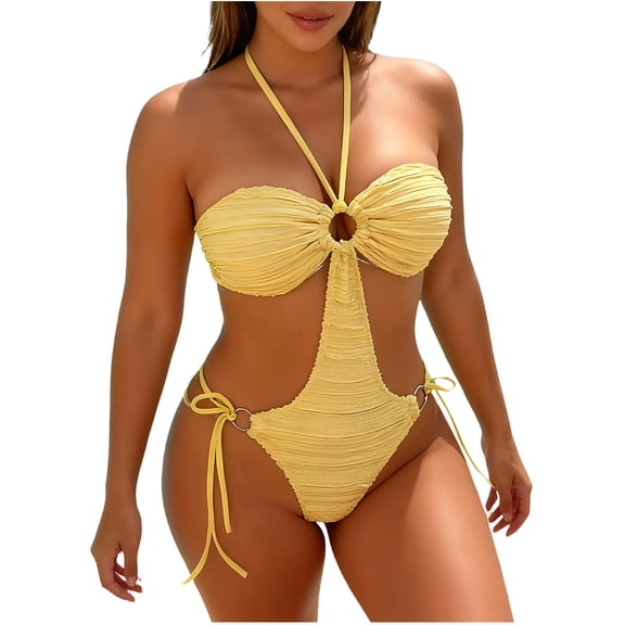 Admvng Tummy Control Swimsuits For Women Ribbed Cutout One Piece Swimsuit High Waisted Adjustable Tie Side Bathing Suit S-2XL
