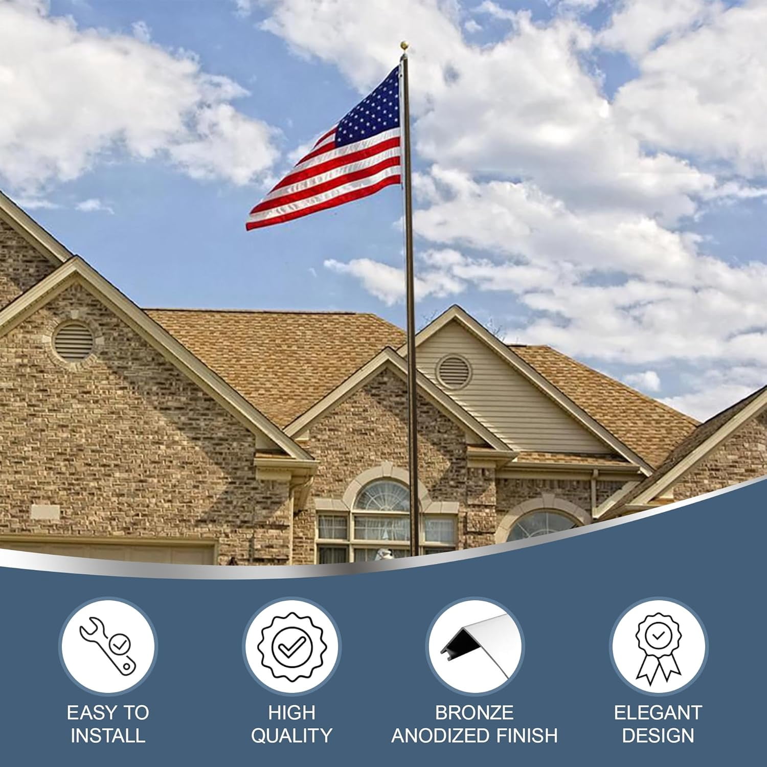 Super Tough USA-Made 25ft Heavy Duty Flag Pole for Outside House - Bronze Anodized - Residential In-Ground Flagpole - 4-Section High-Grade Aluminum - Includes All Accessories